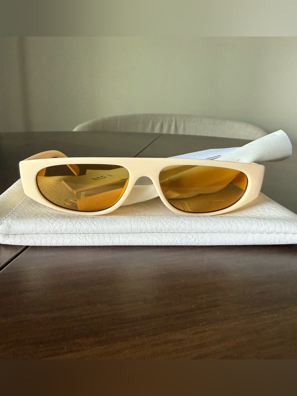 Le Specs Cream Frame Amber Lens Slim Rectangular Sunglasses